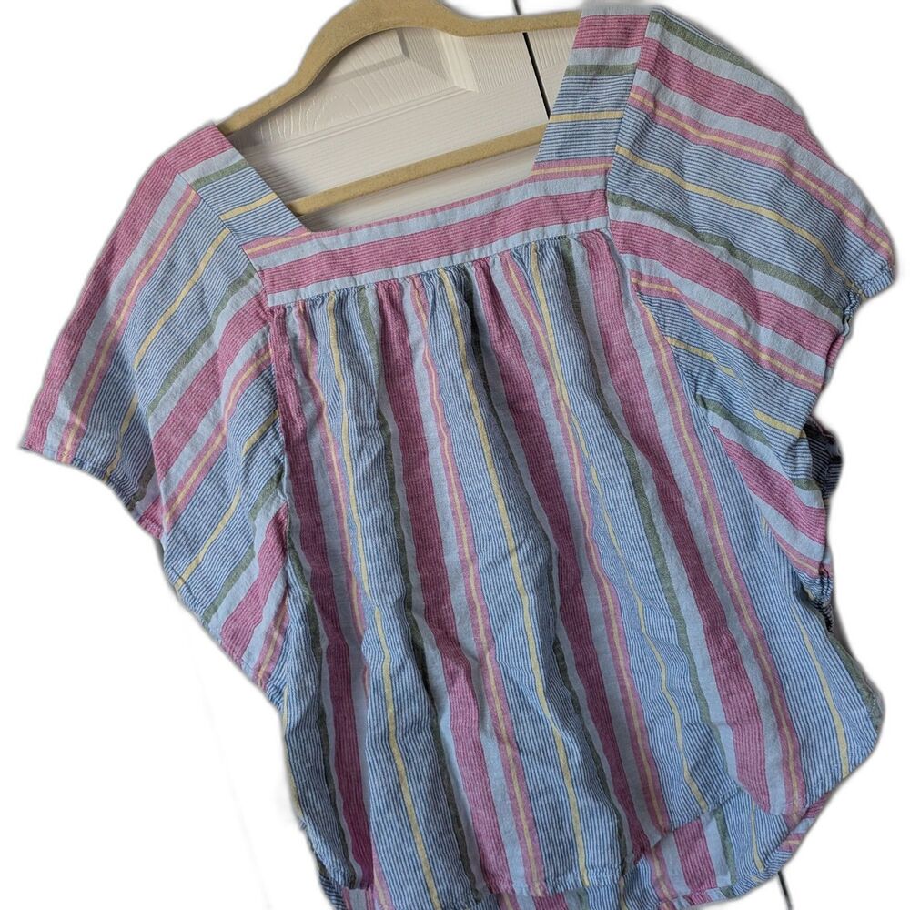 Beach Lunch Lounge Zoey Striped Linen Blend Square Neck Flutter Sleeve Top M